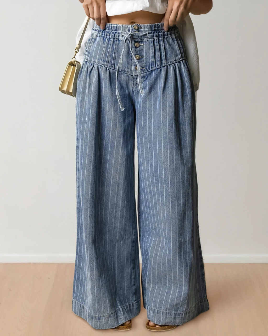 Cora Stripe Button Pleated Drawstring Waist Casual Wide Leg Jeans